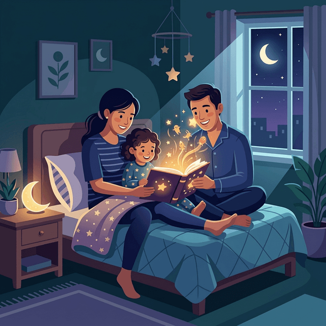 A parent and child reading a glowing storybook at bedtime